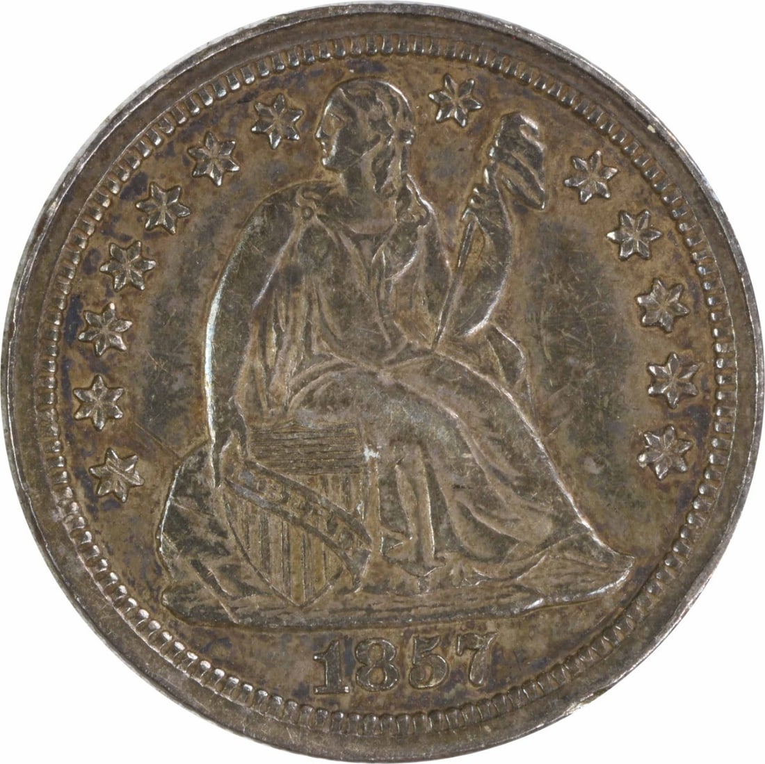 Silver Seated Liberty Dime 1857 Uncertified: Silver Seated Liberty Dime 1857 Uncertified The 1857 Silver Seated Liberty Dime is a highly detailed and intricately designed coin, featuring the majestic Seated Liberty figure on its obverse and a cl