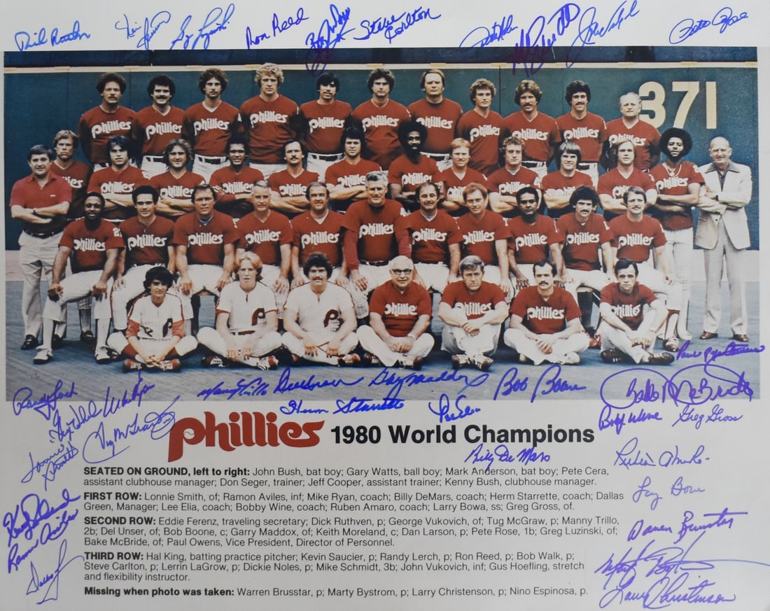 1980 Phillies Signed by (33) 16x20 Photo WS Champs Rose Schmidt HOF PSA 212180 (1 of 2)