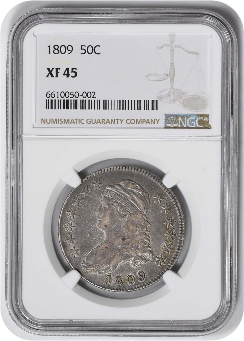 Half Dollar 1809 EF45 NGC Silver Bust: Half Dollar 1809 EF45 NGC Silver Bust The 1809 Half Dollar features a striking Silver Bust design by John Reich, with its 89.2% silver composition and 10.8% copper blend. Certified by the NGC as an EF