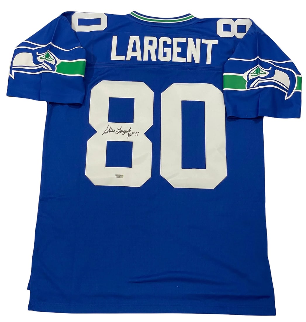 Seattle Seahawks Authentic Jersey HOF 95 Autographed By Steve Largent: Seattle Seahawks Authentic Jersey HOF 95 Autographed By Steve Largent Authentic Seattle Seahawks jersey with a unique touch - a "HOF 95" inscription signed in black sharpie across the jersey number on