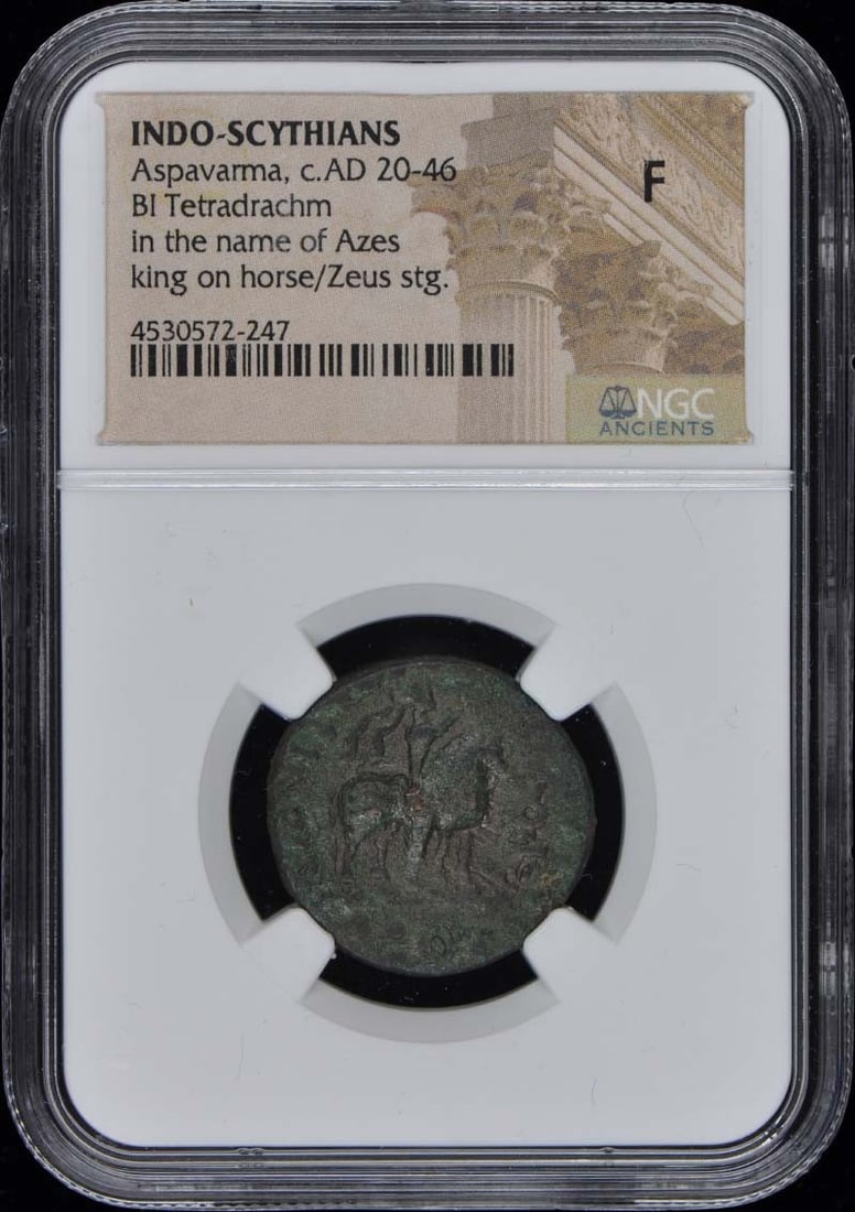 Indo Scythians c.AD 20-46 BI Tetradrachm NGC F12: Indo Scythians c.AD 20-46 BI Tetradrachm NGC F12 NGC F12 graded Tetradrachm from the Indo-Scythian period, circa AD 20-46, bearing a certification number and a unique historical significance. This anc