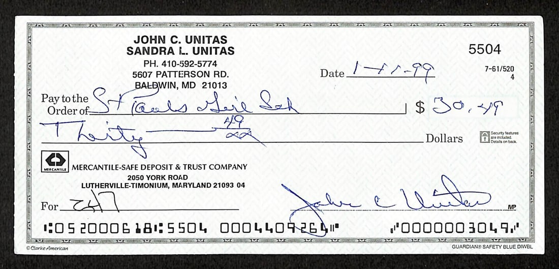 Johnny Unitas HOF Signed/ Autographed 1999 Bank Check Baltimore Colts JSA 199035: Johnny Unitas HOF Signed/ Autographed 1999 Bank Check Baltimore Colts JSA 199035 Signed by Johnny Unitas, the legendary Baltimore Colts quarterback, this 1999 bank check is a unique piece of sports me