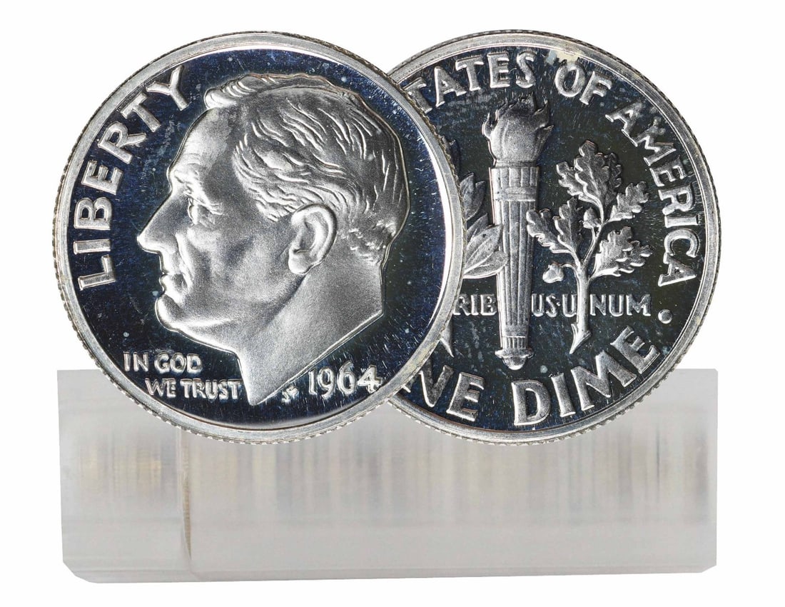 Roosevelt Silver 50-Coin Dime 1964 Proof Roll: Roosevelt Silver 50-Coin Dime 1964 Proof Roll The 1964 Roosevelt Silver 50-Coin Dime Proof Roll is a highly collectible item, featuring 50 uncirculated coins with a silver composition and a proof stri