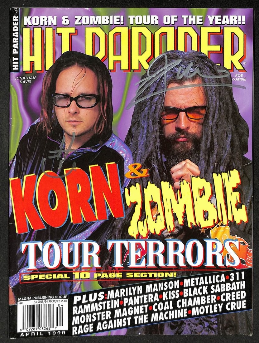 Rob Zombie & Jonathan Davis Autographed/ Signed 1999 Hit Parader Magazine JSA 59: Rob Zombie & Jonathan Davis Autographed/ Signed 1999 Hit Parader Magazine JSA 59 Signed by Rob Zombie and Jonathan Davis, this 1999 Hit Parader Magazine features a rare photo of the two music icons, s