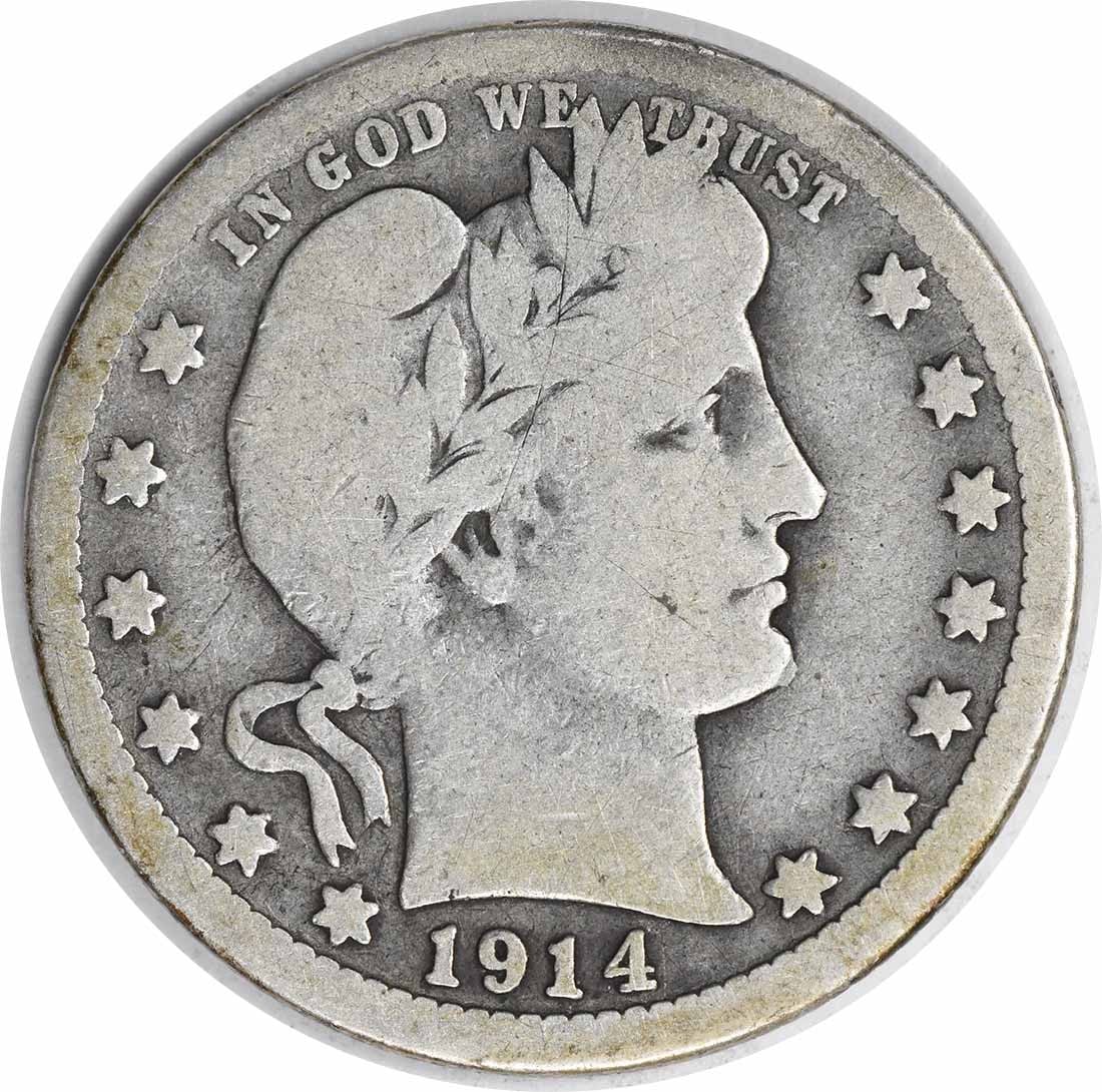 Quarter Barber 1914-S Silver Uncertified: Quarter Barber 1914-S Silver Uncertified The 1914-S Quarter Barber is a circulated coin with a rich history, featuring the iconic design of Charles E. Barber and a silver composition that makes it a v
