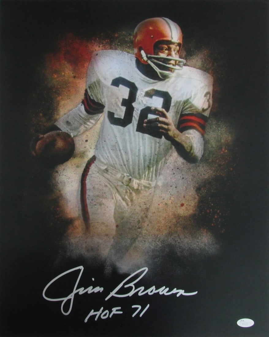 Signed Cleveland Browns Photo Inscr. 16x20 By Jim Brown HOF: Signed Cleveland Browns Photo Inscr. 16x20 By Jim Brown HOF Signed 16x20 Photo of Jim Brown by the Hall of Fame Legend. This iconic image bears the signature of one of the greatest players in NFL hist