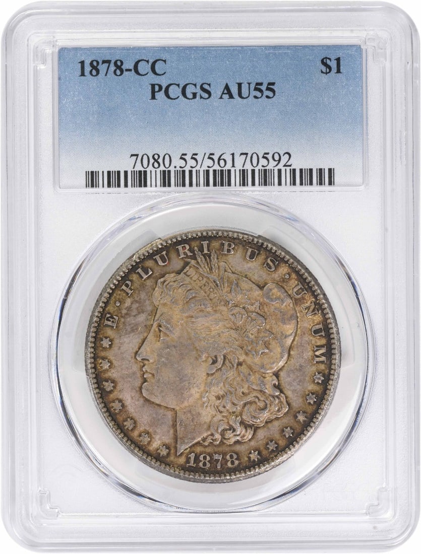 1878-CC Morgan Silver Dollar AU55 PCGS: 1878-CC Morgan Silver Dollar AU55 PCGS The 1878-CC Morgan Silver Dollar is a circulated coin with a grade of AU55, certified by PCGS. This coin features a reeded edge and a weight of 26.73 grams, made