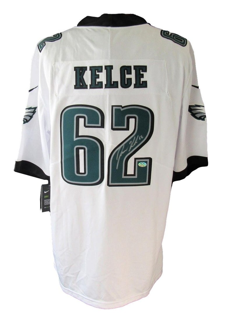 Jason Kelce Signed/ Auto White Nike Football Jersey Eagles Size XL PSA/ DNA 211012: Jason Kelce Signed/ Auto White Nike Football Jersey Eagles Size XL PSA/ DNA 211012 Signed by Jason Kelce, the Philadelphia Eagles' star center, this official white Nike football jersey is a unique col