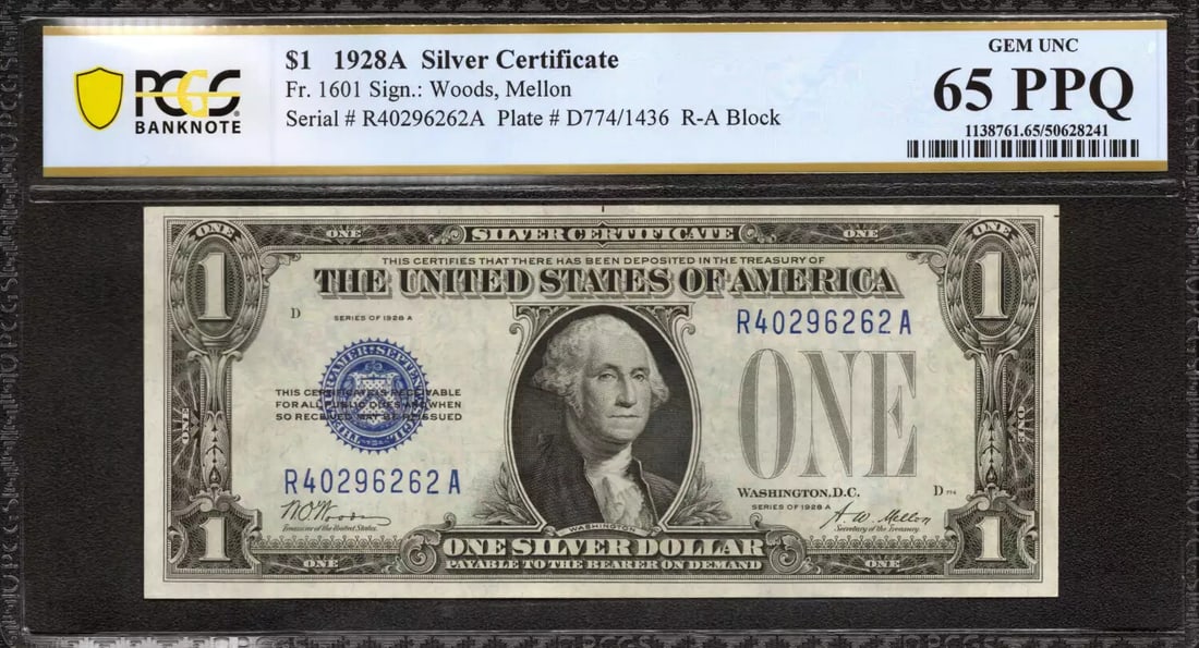 1928 A $1 SILVER CERTIFICATE FR.1601 R-A BLOCK PCGS CERTIFIED UNC 65 PPQ (262A): 1928 A $1 SILVER CERTIFICATE FR.1601 R-A BLOCK PCGS CERTIFIED UNC 65 PPQ (262A) The 1928 A $1 Silver Certificate, graded 65 PPQ by PCGS, boasts a unique serial number and a rare block designation, mak