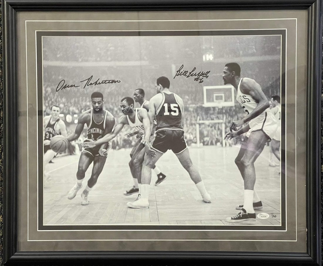 Russell Bill Framed Autographed Photo Basketball Robertson Oscar: Russell Bill Framed Autographed Photo Basketball Robertson Oscar Authentic Oscar Robertson and Bill Russell signed 16x20 basketball photo, certified by James Spence Authentication. The photo features