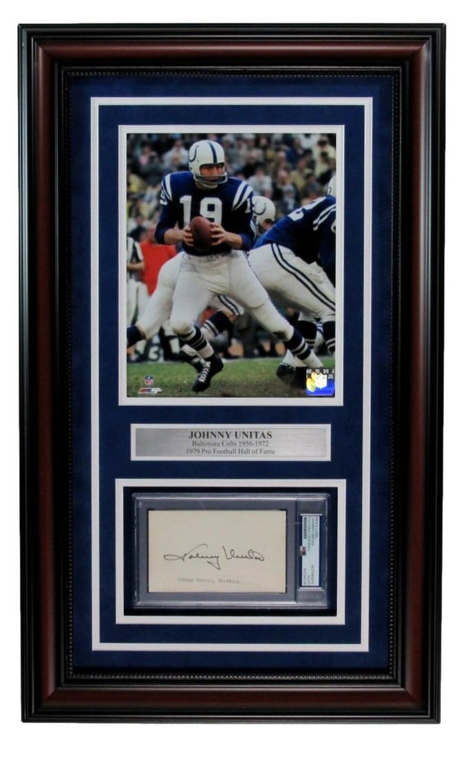 Johnny Unitas HOF Signed 3x5 Index Card w/ Photo Colts Framed PSA/ DNA 191614: Johnny Unitas HOF Signed 3x5 Index Card w/ Photo Colts Framed PSA/ DNA 191614 Item Specifics: Original/Reprint: Original Product: Index Card Sport: Football League: NCAA Product Disclaimer: Not