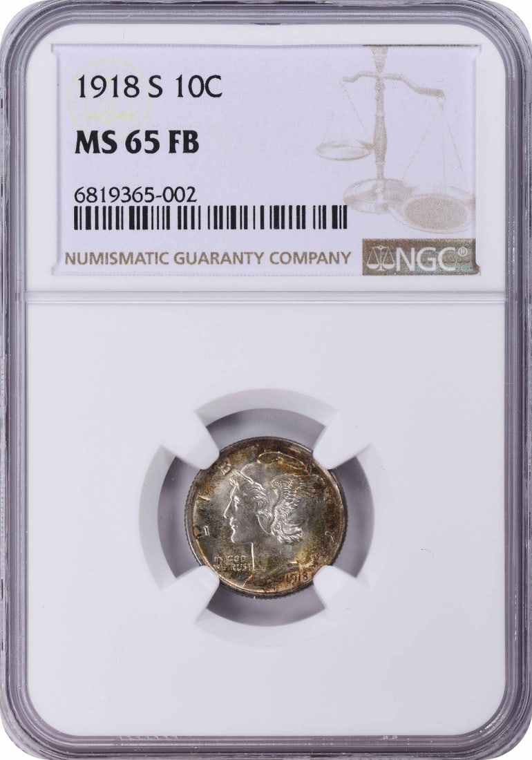 1918-S Mercury Silver Dime MS65FB NGC: 1918-S Mercury Silver Dime MS65FB NGC The 1918-S Mercury Silver Dime MS65FB NGC is a highly graded, uncirculated example of this iconic coin, boasting a stunning MS65 grade from the Numismatic