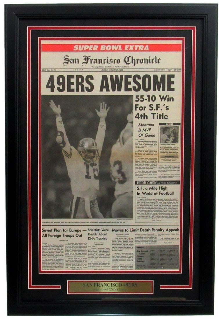 Super Bowl XXIV 49ers Newspaper Framed Champ 1990 San Francisco: Super Bowl XXIV 49ers Newspaper Framed Champ 1990 San Francisco The 1990 San Francisco 49ers Super Bowl XXIV Champ newspaper is a unique piece of sports history, featuring a signed article about the