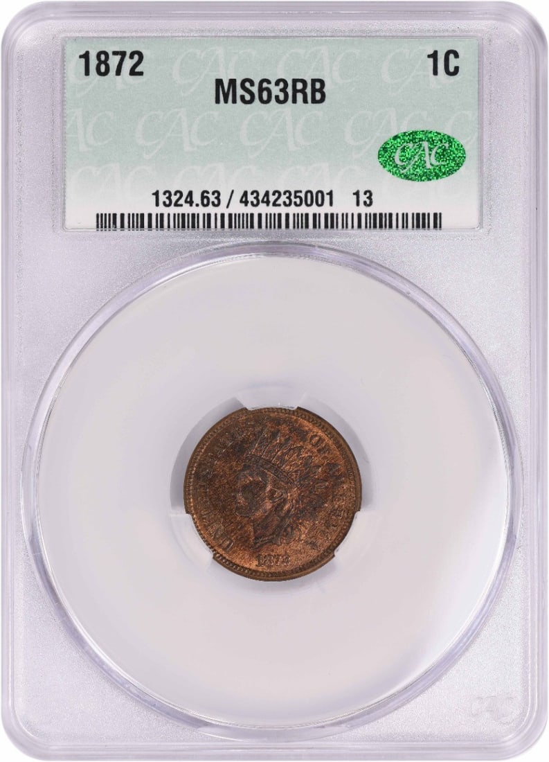INDIAN CENT MS63RB CACG: INDIAN CENT MS63RB CACG The 1872 Indian Cent MS63RB CACG is a stunning example of a circulated uncirculated coin, graded MS63 by the CACG. This coin bears the distinctive "RB" mint mark, indicating