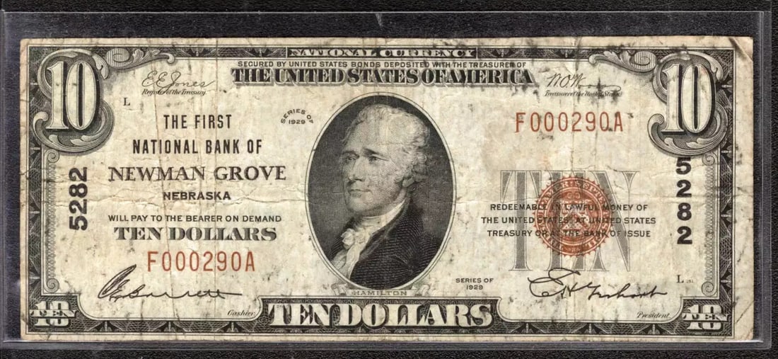 1929 $10 FIRST NATIONAL BANKNOTE CURRENCY NEWMAN GROVE NEBRASKA (290A): 1929 $10 FIRST NATIONAL BANKNOTE CURRENCY NEWMAN GROVE NEBRASKA (290A) Item Specifics: Certification: Uncertified Series Year: 1929 Year: 1929 Circulated/Uncirculated: Circulated Country: United