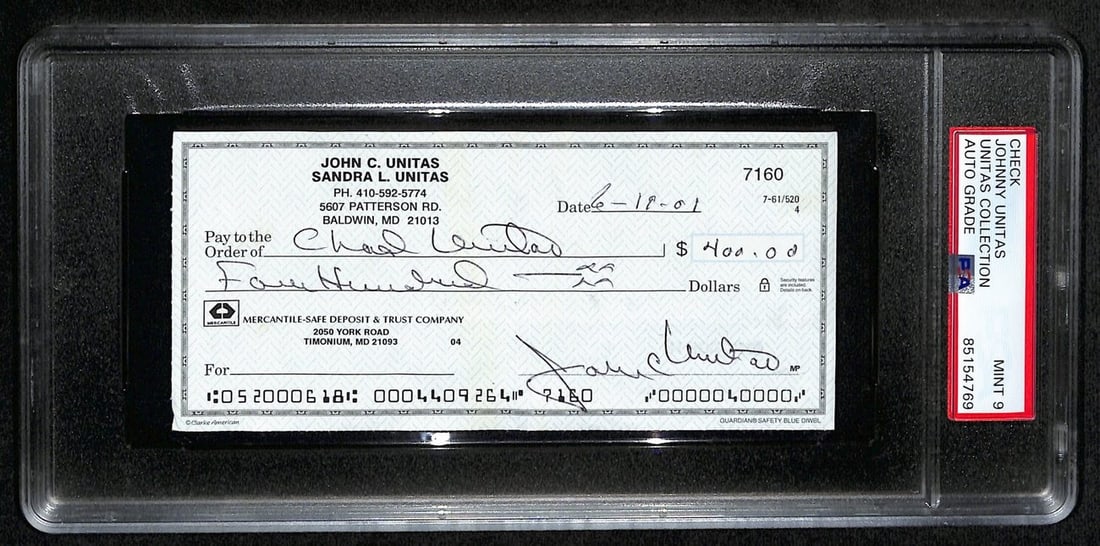 Johnny Unitas HOF Signed/ Auto 2001 Bank Check Colts PSA/ DNA MINT 9 192617: Johnny Unitas HOF Signed/ Auto 2001 Bank Check Colts PSA/ DNA MINT 9 192617 Item Specifics: Original/Reprint: Original Player: Johnny Unitas Product: Check Signed: YES Sport: Football Product Disclaim
