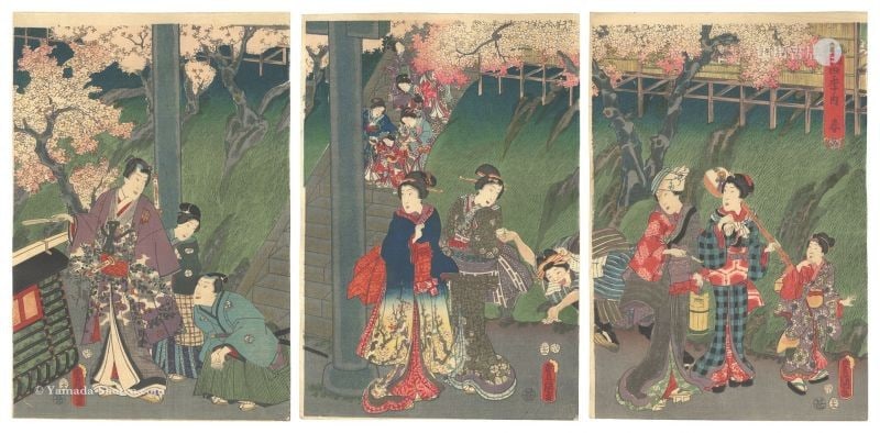 Woodblock Print Toyokuni III Spring Four Seasons of Genji 1856: Woodblock Print Toyokuni III Spring Four Seasons of Genji 1856 Item Specifics: Artist: Toyokuni III Subject: Tale of Genji Material: Paper Style: Japanese Year Of Production: 1856 Product Disclaimer: