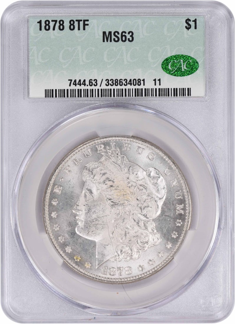 Morgan Silver Dollar 8TF MS63 CACG: Morgan Silver Dollar 8TF MS63 CACG The Morgan Silver Dollar 8TF MS63 CACG is a stunning example of 1878 American currency, featuring a rich silver composition and a reeded edge. Certified by CACG, thi