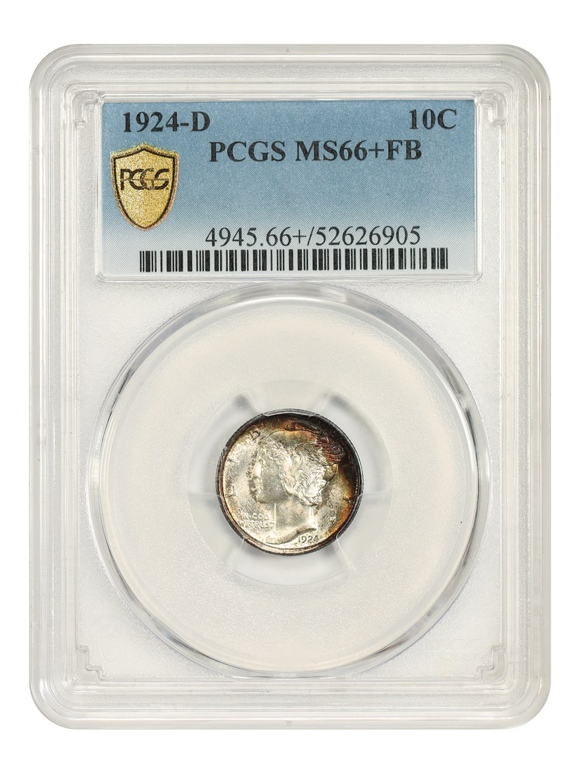 1924-D 10C PCGS MS66+FB - Mercury Dime: 1924-D 10C PCGS MS66+FB - Mercury Dime The 1924-D Mercury Dime is a highly graded MS66+FB coin, certified by PCGS. This uncirculated coin boasts a high level of detail and luster, making it a standout