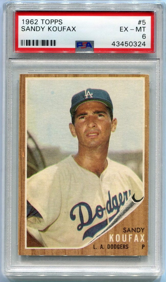 PSA Graded Koufax Card Topps 1962 Sandy #5: PSA Graded Koufax Card Topps 1962 Sandy #5 Sandy Koufax 1962 Topps Card #5 is a highly graded PSA 6 card, bearing the signature of the legendary pitcher. This Topps card, graded by Professional Grader