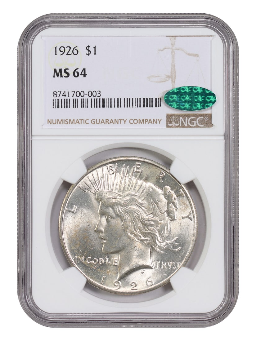 MS64 NGC/ CAC Slightly Peace Dollar P-Mint 1926 $1: MS64 NGC/ CAC Slightly Peace Dollar P-Mint 1926 $1 MS64 NGC/ CAC graded 1926 Peace Dollar, minted in Philadelphia, showcases a high level of detail and luster, reflecting its uncirculated condition. T