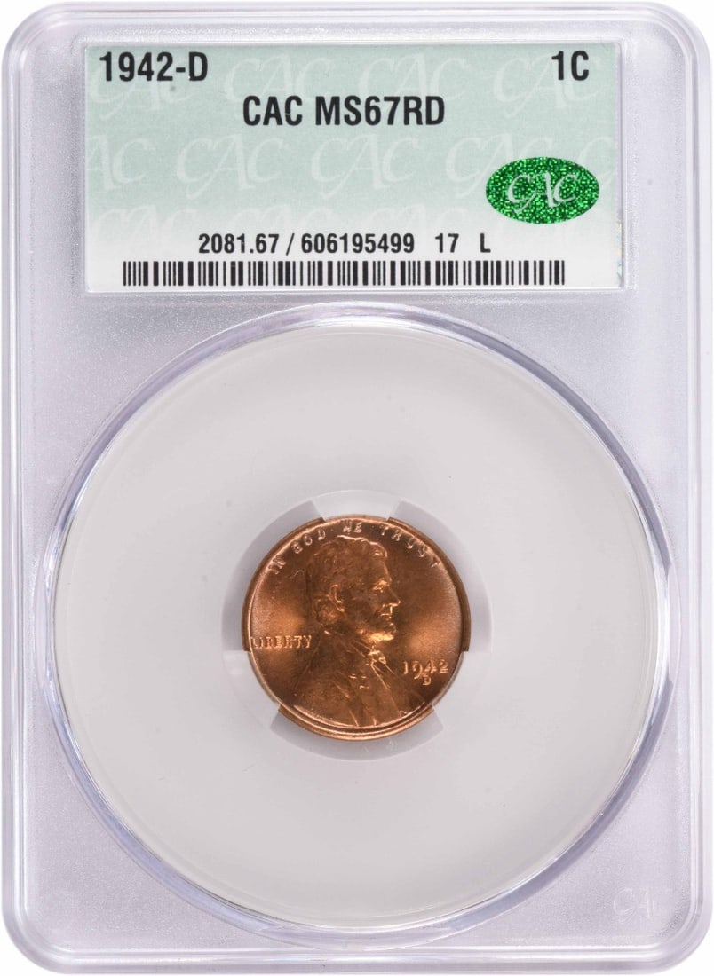1942-D Lincoln Cent MS67RD CACG: 1942-D Lincoln Cent MS67RD CACG The 1942-D Lincoln Cent MS67RD CACG is a highly detailed and well-preserved example of a circulated uncirculated coin, boasting a grade of MS67. This coin features the 