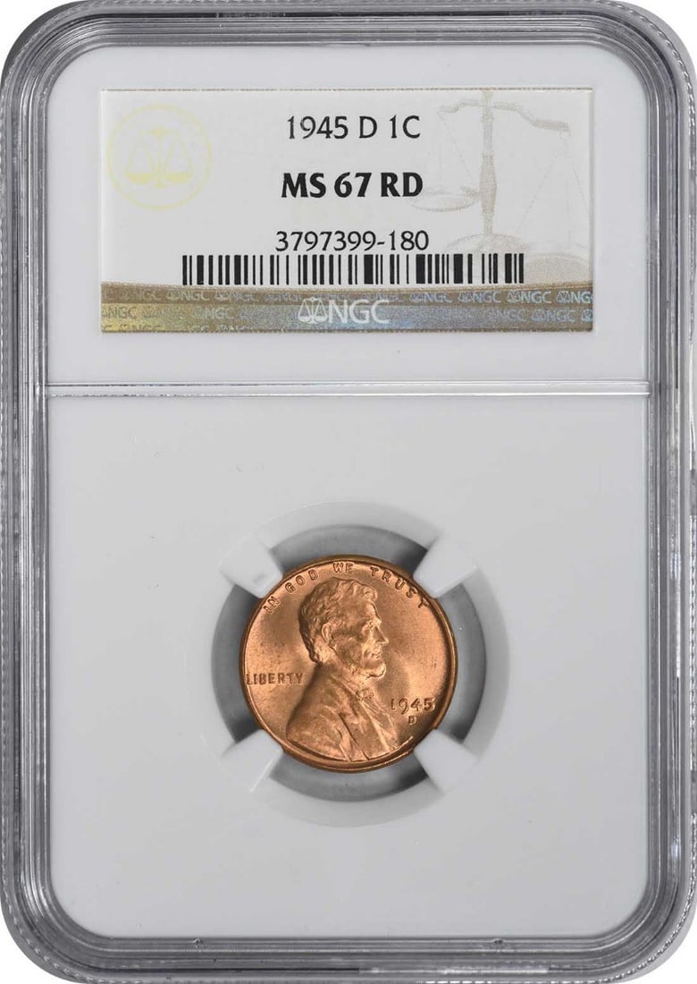 1945-D/ D Lincoln Cent RPM 9 MS67RED NGC: 1945-D/ D Lincoln Cent RPM 9 MS67RED NGC The 1945-D Lincoln Cent RPM 9 MS67RED NGC is a highly graded, uncirculated example of this iconic coin, boasting a rich red color and exceptional surface quali
