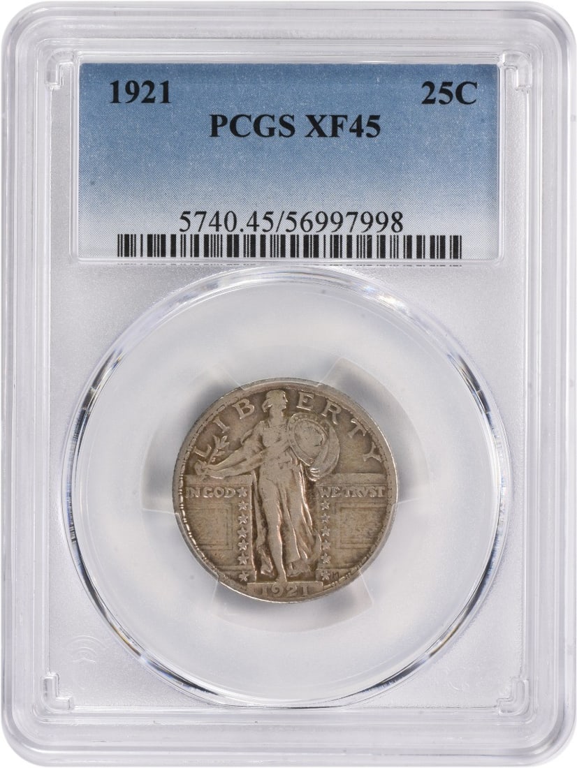 1921 Standing Liberty Silver Quarter EF45 PCGS: 1921 Standing Liberty Silver Quarter EF45 PCGS The 1921 Standing Liberty Silver Quarter is a highly detailed and intricately designed coin, featuring a portrait of Liberty on the obverse and a standin