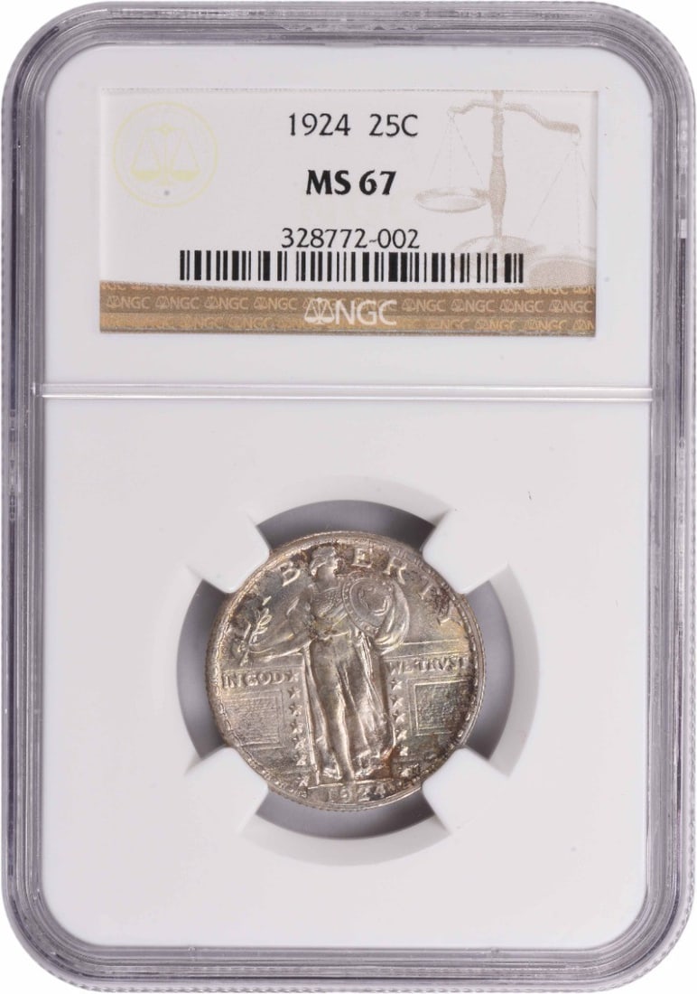 Standing Liberty Silver Quarter MS67 NGC: Standing Liberty Silver Quarter MS67 NGC The 1924 Standing Liberty Silver Quarter MS67 NGC is a highly graded, uncirculated coin with a rich history. Certified by the Numismatic Guaranty Corporation (