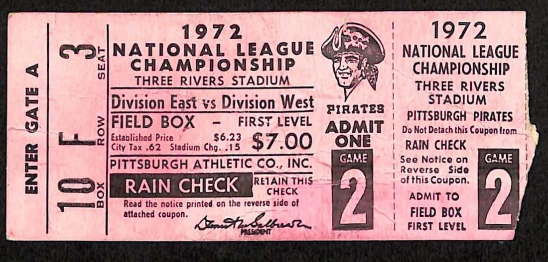 1972 NLCS Game 2 Ticket Stub Reds Pirates Clemente Last Game in Pittsburgh 94082 (1 of 1)