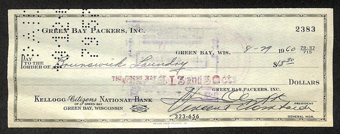 Vince Lombardi HOF Packers Signed/ Autographed 1960 Bank Check JSA LOA 212346: Vince Lombardi HOF Packers Signed/ Autographed 1960 Bank Check JSA LOA 212346 Vince Lombardi's legacy is preserved in this 1960 bank check, signed by the legendary Green Bay Packers coach. The check b