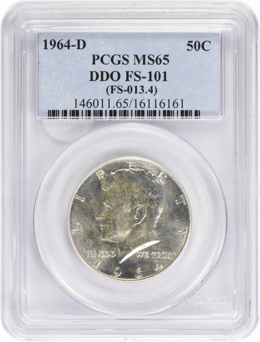 1964-D Kennedy Half Dollar DDO FS-101 MS65 PCGS: 1964-D Kennedy Half Dollar DDO FS-101 MS65 PCGS 1964-D Kennedy Half Dollar DDO FS-101 MS65 PCGS - A highly graded 1964-D Kennedy Half Dollar, certified MS65 by PCGS, showcasing exceptional detail and 
