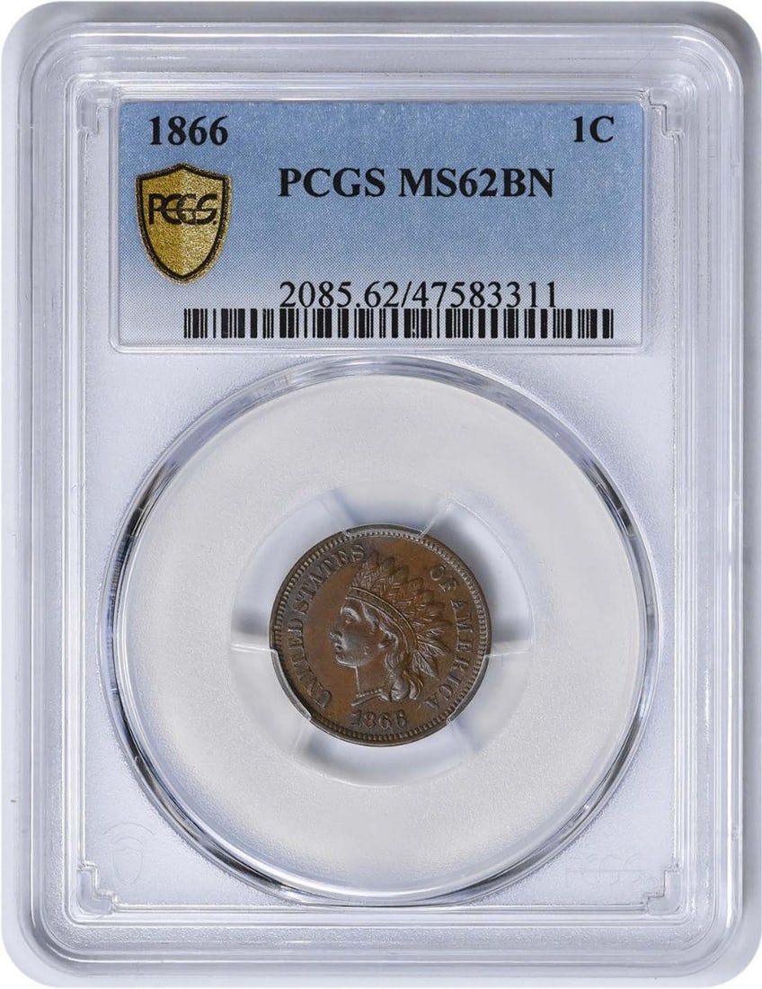 Indian Cent 1866 RPD S-4 MS62BN PCGS: Indian Cent 1866 RPD S-4 MS62BN PCGS The 1866 Indian Cent is a rare and historic coin, certified by PCGS as MS62BN Circulated. This coin features a copper composition and a small cent denomination, wi