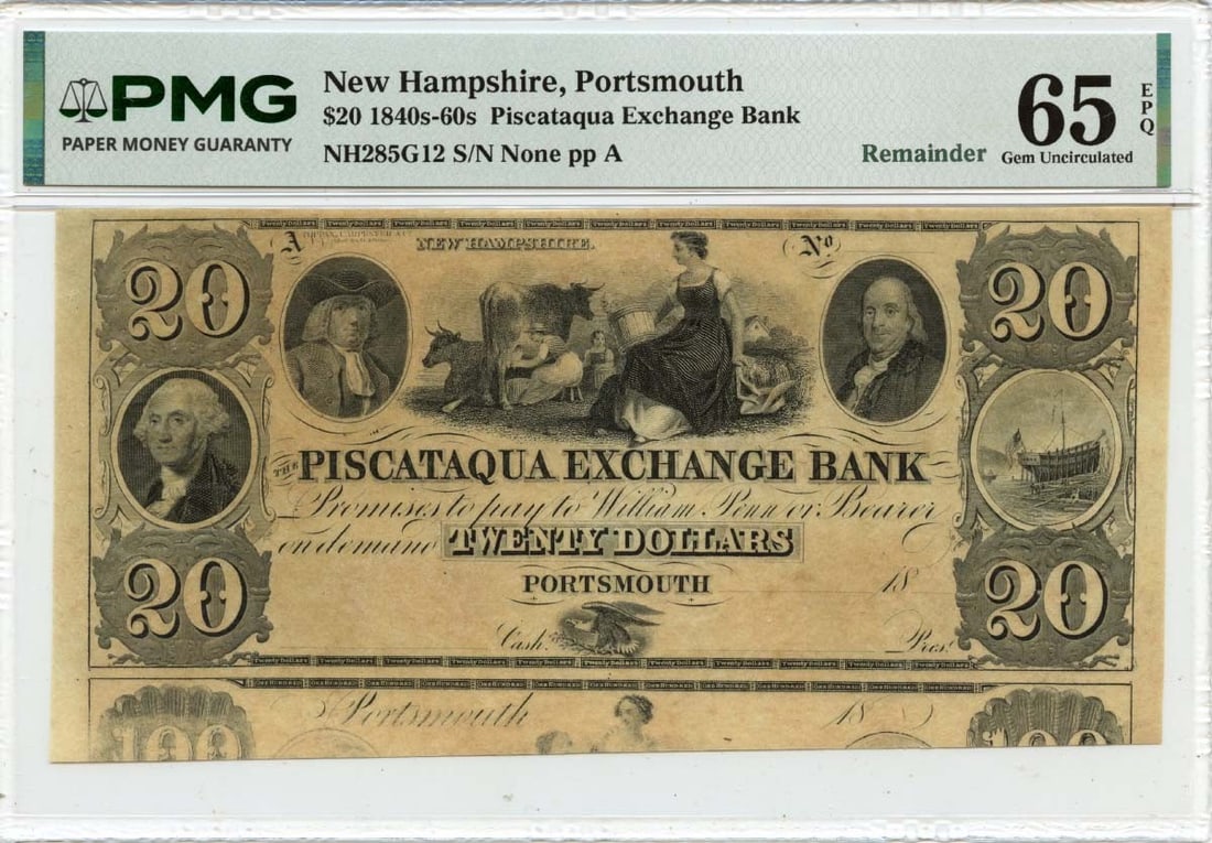 1840s $20 Portsmouth, New Hampshire Obsolete Piscataqua Exchange PMG GEM 65 EPQ (1 of 1)