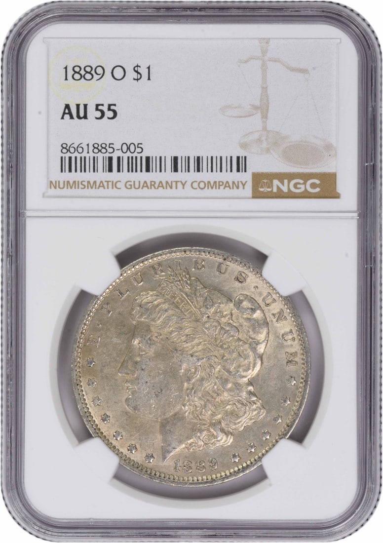 1889-O Morgan Silver Dollar AU55 NGC: 1889-O Morgan Silver Dollar AU55 NGC The 1889-O Morgan Silver Dollar is a circulated example, certified by the Numismatic Guaranty Corporation (NGC) as AU55. With a rich history and iconic design, thi