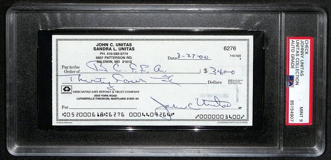 Unitas Johnny HOF Signed/ Colts 2000 Autographed Check Bank PSA DNA MINT 9: Unitas Johnny HOF Signed/ Colts 2000 Autographed Check Bank PSA DNA MINT 9 Item Specifics: Productname: Johnny Unitas HOF Signed/Autographed 2000 Bank Check Colts PSA/DN Original/Reprint: Original Pla
