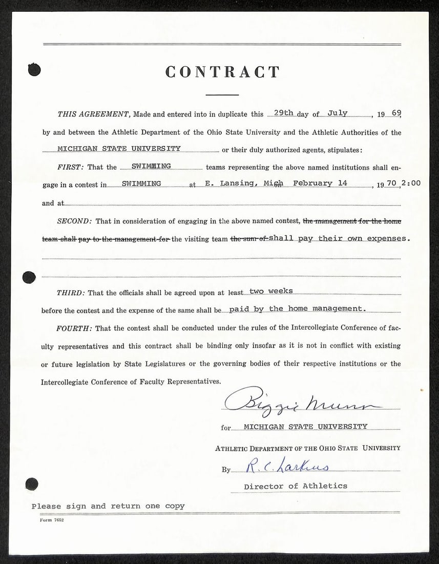 Biggie Munn HOF Michigan State Head Coach Signed/ Auto Contract JSA BA199654: Biggie Munn HOF Michigan State Head Coach Signed/ Auto Contract JSA BA199654 Signed by Michigan State's legendary Head Coach, this Biggie Munn HOF signed auto contract is a must-have for football coll