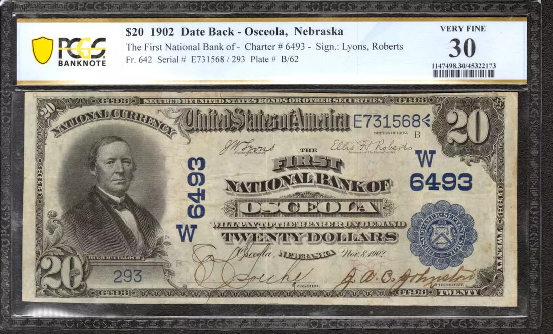 1902 $20 FIRST NATIONAL BANKNOTE CURRENCY OSCEOLA NEBRASKA PCGS 30 VF (568): 1902 $20 FIRST NATIONAL BANKNOTE CURRENCY OSCEOLA NEBRASKA PCGS 30 VF (568) The 1902 $20 First National Banknote, certified by PCGS as a 30 VF, features a unique serial number E731568/293, adding a la