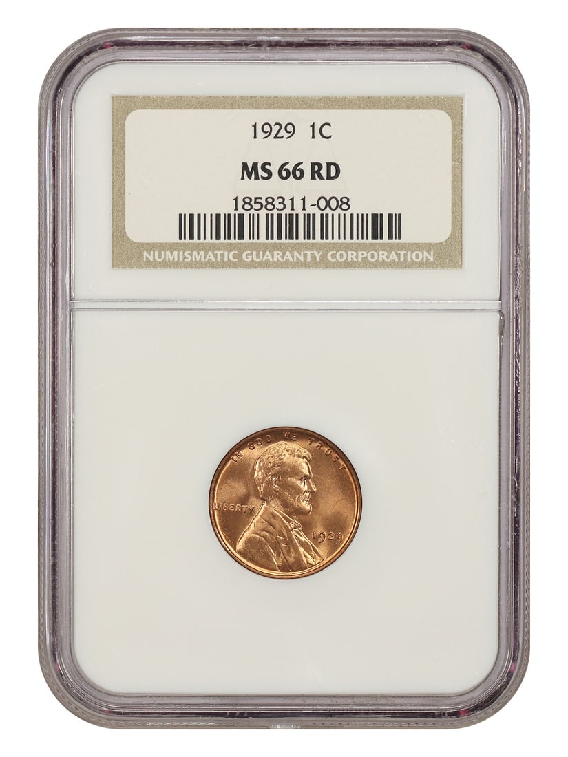 1929 1C NGC MS66RD - Lincoln Cent (Wheat Reverse): 1929 1C NGC MS66RD - Lincoln Cent (Wheat Reverse) The 1929 Lincoln Cent features a distinctive wheat reverse design, a hallmark of the series. Certified by the Numismatic Guaranty Corporation (NGC) as