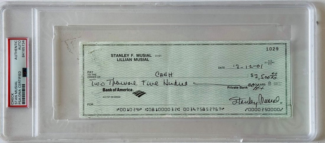 Stan Musial Autographed Personal Check signed twice (PSA) (1 of 2)