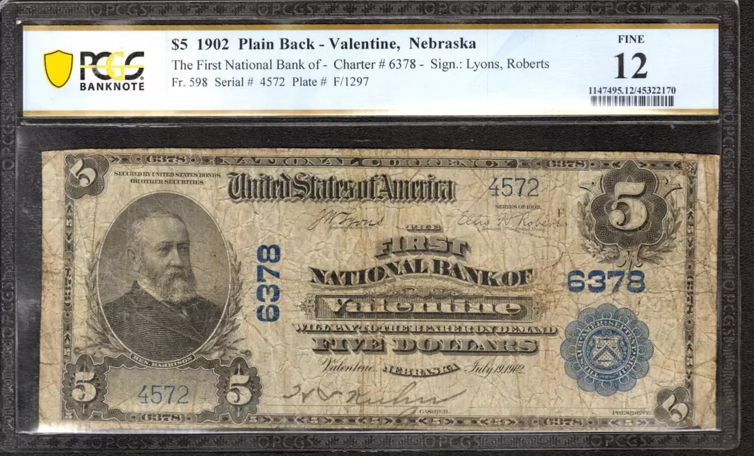 1902 PB $5 FIRST NATIONAL BANKNOTE VALENTINE NEBRASKA FR.598 PCGS 12 FINE (572) (1 of 2)