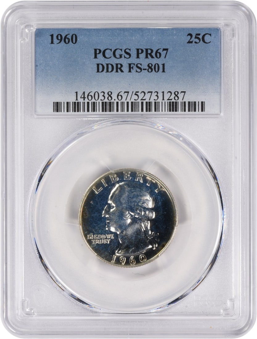 1960 Washington Silver Quarter DDR FS-801 PR67 PCGS: 1960 Washington Silver Quarter DDR FS-801 PR67 PCGS The 1960 Washington Silver Quarter DDR FS-801 PR67 PCGS is a highly detailed proof coin with a striking appearance. Its PR67 grade indicates a high 