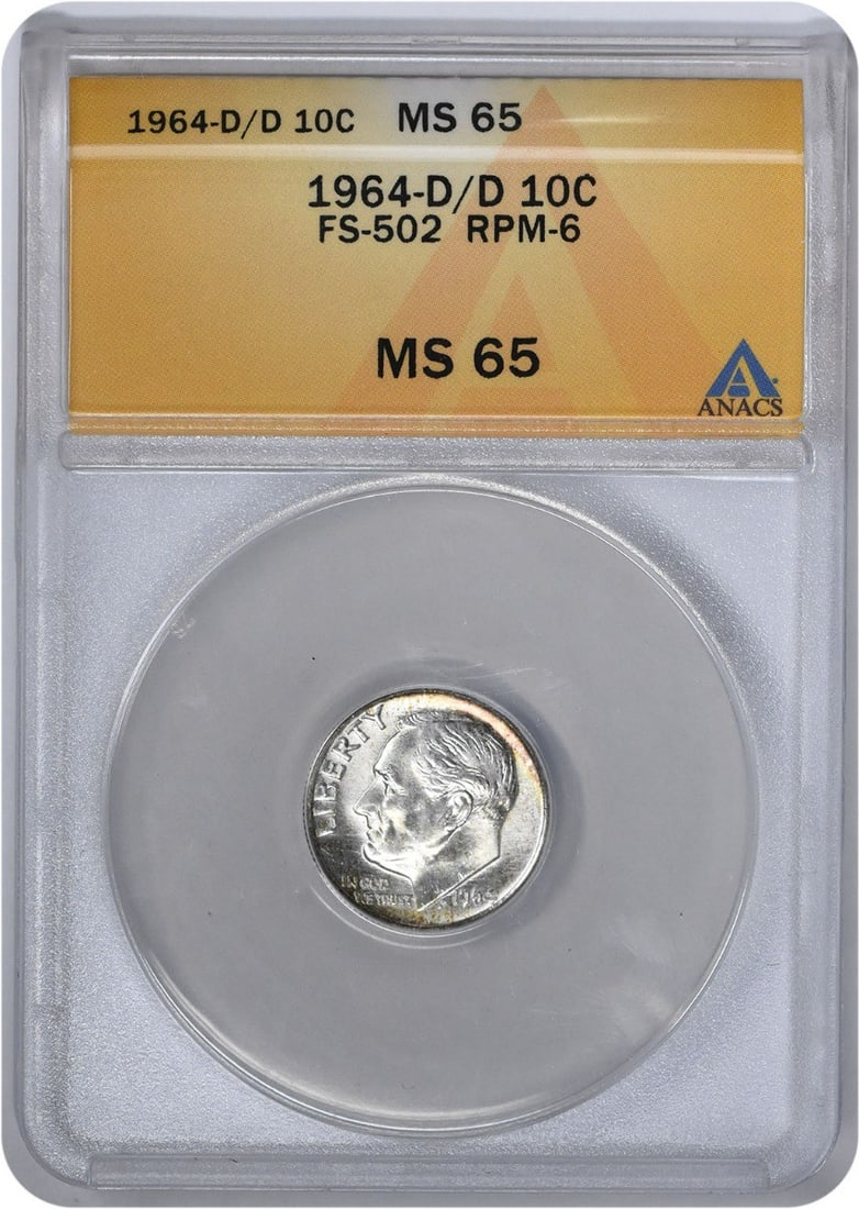 1964-D/ D Roosevelt Silver Dime RPM 6 FS-502 MS65 ANACS: 1964-D/ D Roosevelt Silver Dime RPM 6 FS-502 MS65 ANACS The 1964-D Roosevelt Silver Dime is a circulated example of this iconic coin, bearing the signature of John R. Sinnock, the coin's designer. Thi