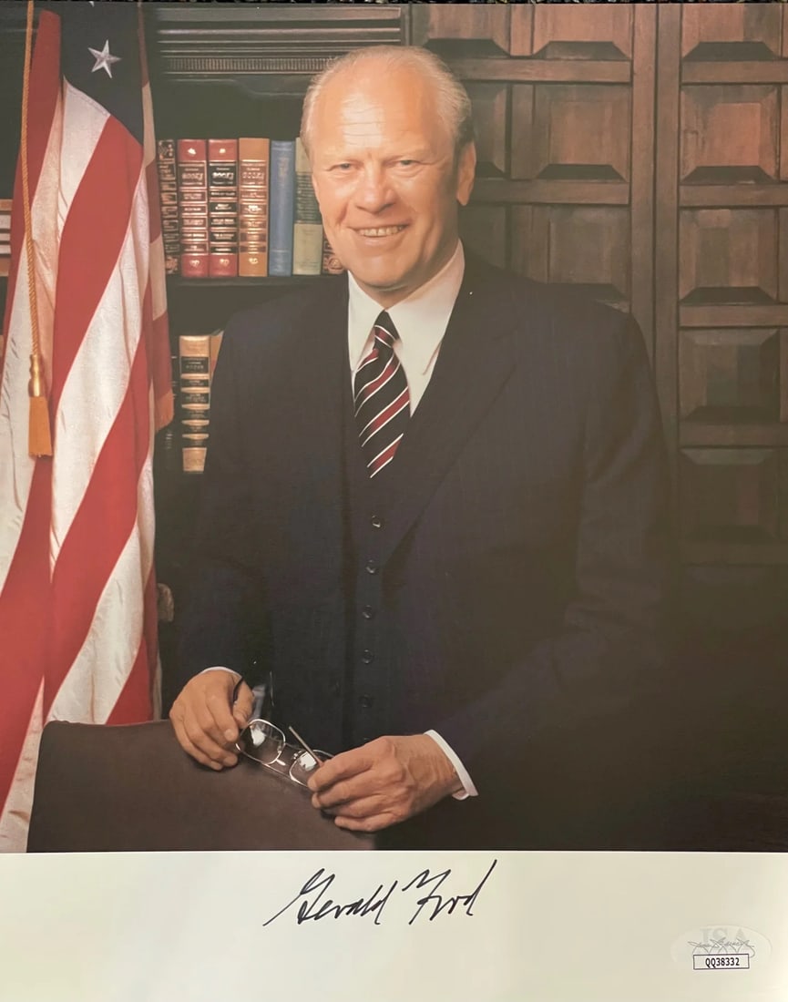 Gerald Ford Autographed 8x10 Photo (JSA): Gerald Ford Autographed 8x10 Photo (JSA) Signed across the front of the photo in black sharpie by Gerald Ford, the 38th President of the United States, this 8x10 photo bears a notable signature. The J