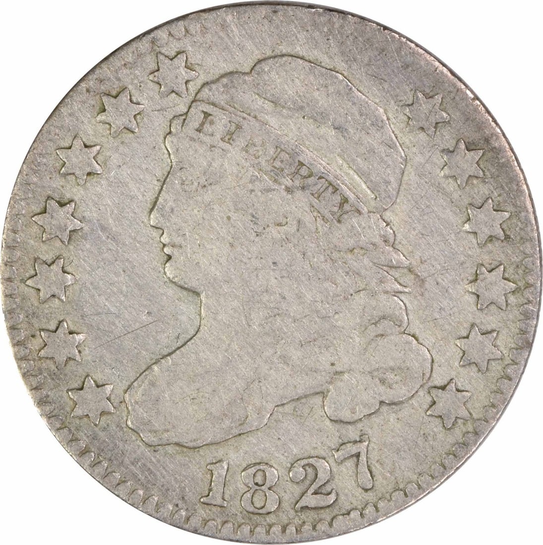 1827 Bust Silver Dime F Uncertified: 1827 Bust Silver Dime F Uncertified The 1827 Bust Silver Dime features a classic Capped Bust design, characteristic of the period. This circulated coin, with a grade of F, showcases the wear and tear
