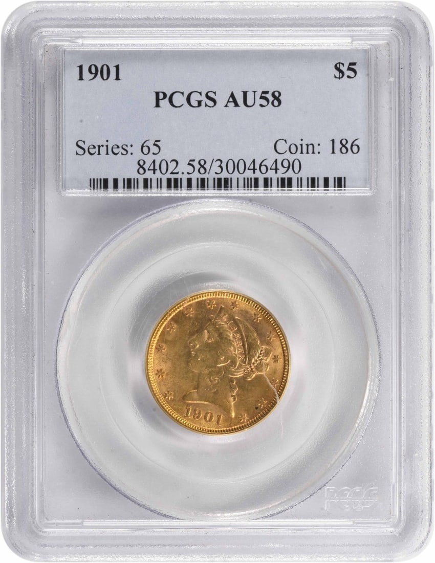 $5 Gold Liberty Head AU58 PCGS 1901: $5 Gold Liberty Head AU58 PCGS 1901 The 1901 $5 Gold Liberty Head coin features a reeded edge and a diameter of 21.65 millimeters, making it a unique and interesting addition to any collection. Certif
