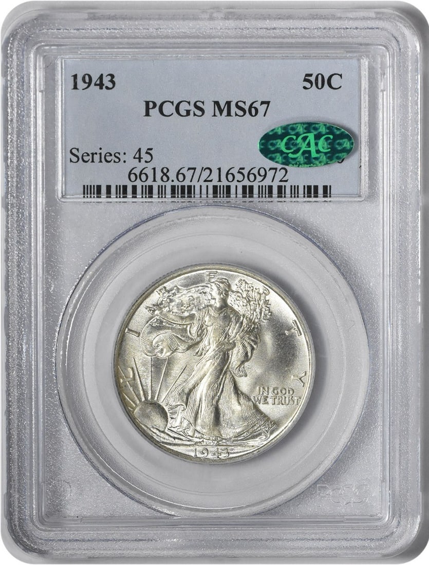 1943 Walking Liberty Silver Half Dollar MS67 PCGS (CAC): 1943 Walking Liberty Silver Half Dollar MS67 PCGS (CAC) The 1943 Walking Liberty Silver Half Dollar MS67 PCGS is a highly detailed and well-preserved coin, boasting a grade of MS67 from the Profession