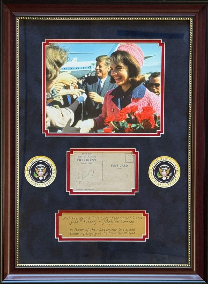 John F Kennedy Signed By Jacqueline Kennedy Shelton Color Press: John F Kennedy Signed By Jacqueline Kennedy Shelton Color Press Signed by Jacqueline Kennedy in blue ball point pen, this Shelton Color Press postcard is a unique piece of memorabilia. Measuring 17'