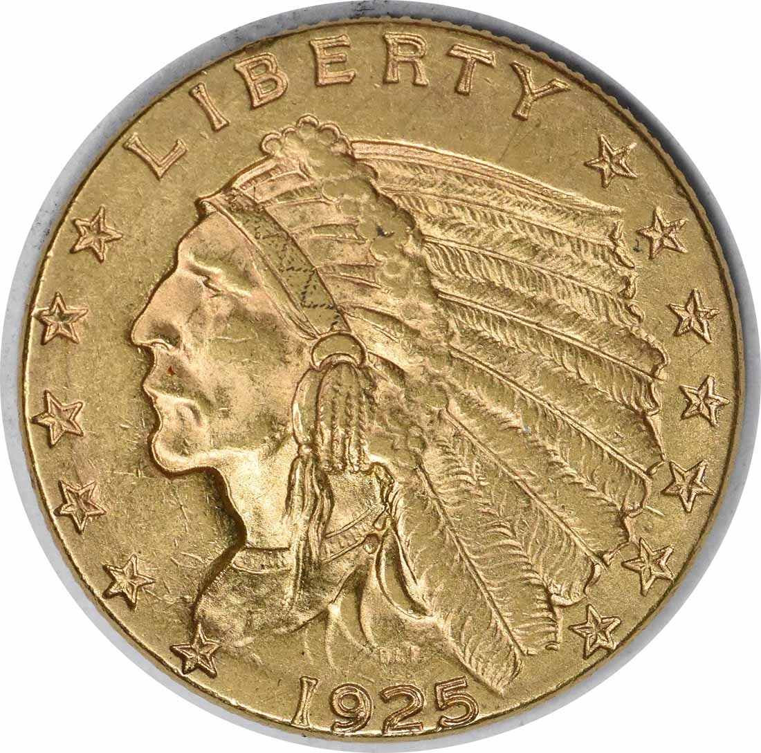 $2.50 1925-D Gold Indian Slider Uncertified AU: $2.50 1925-D Gold Indian Slider Uncertified AU The 1925-D Gold Indian Slider is a circulated example of this iconic coin, certified as AU. With a striking design by Bela Lyon Prat, this coin features