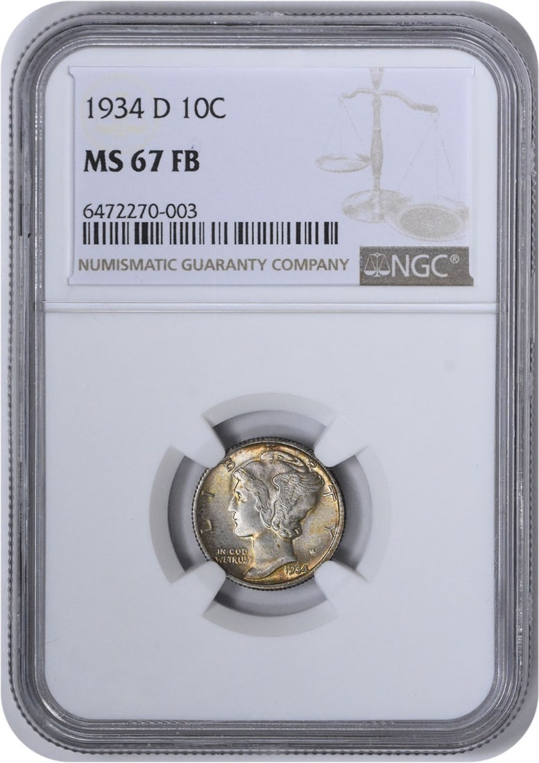 1934-D Mercury Silver Dime MS67FB NGC: 1934-D Mercury Silver Dime MS67FB NGC The 1934-D Mercury Silver Dime MS67FB NGC is a highly graded, uncirculated coin with a rich history. Certified by the Numismatic Guaranty Corporation (NGC) as MS6